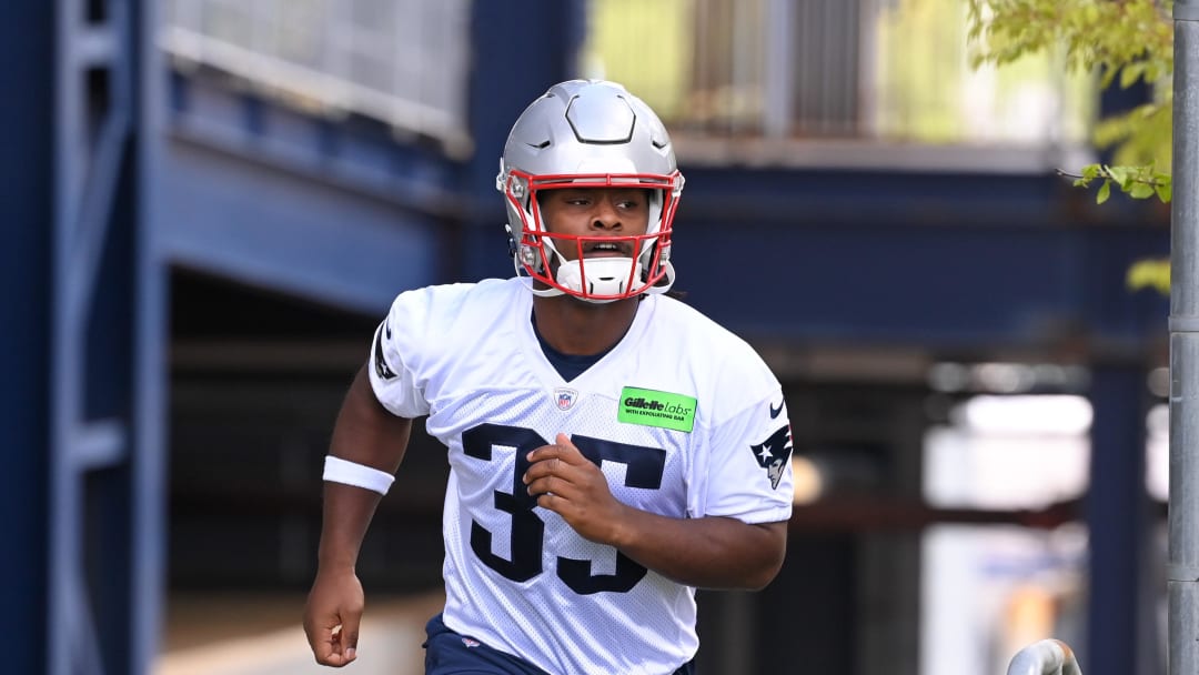 May 11, 2024; Foxborough, MA, USA; New England Patriots running back Deshaun Fenwick (35) walks to the practice field at the New England Patriots rookie camp at Gillette Stadium.  Mandatory Credit: Eric Canha-USA TODAY Sports