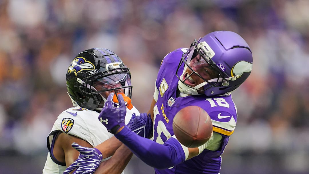 Nov 9, 2025; Minneapolis, Minnesota, USA; Baltimore Ravens cornerback Chidobe Awuzie (3) is called for pass interference against Minnesota Vikings wide receiver Justin Jefferson (18) in the fourth quarter at U.S. Bank Stadium. Mandatory Credit: Brad Rempel-Imagn Images Nov 9, 2025; Minneapolis, Minnesota, USA; Baltimore Ravens cornerback Chidobe Awuzie (3) is called for pass interference against Minnesota Vikings wide receiver Justin Jefferson (18) in the fourth quarter at U.S. Bank Stadium. Mandatory Credit: Brad Rempel-Imagn Images