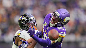 Nov 9, 2025; Minneapolis, Minnesota, USA; Baltimore Ravens cornerback Chidobe Awuzie (3) is called for pass interference against Minnesota Vikings wide receiver Justin Jefferson (18) in the fourth quarter at U.S. Bank Stadium. Mandatory Credit: Brad Rempel-Imagn Images