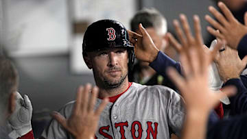 Apr 29, 2025; Toronto, Ontario, CAN; Boston Red Sox third baseman Alex Bregman (2) is congratulated after scoring against the Toronto Blue Jays during the ninth inning at Rogers Centre. 