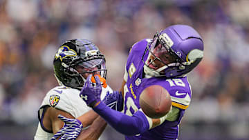 Nov 9, 2025; Minneapolis, Minnesota, USA; Baltimore Ravens cornerback Chidobe Awuzie (3) is called for pass interference against Minnesota Vikings wide receiver Justin Jefferson (18) in the fourth quarter at U.S. Bank Stadium. Mandatory Credit: Brad Rempel-Imagn Images