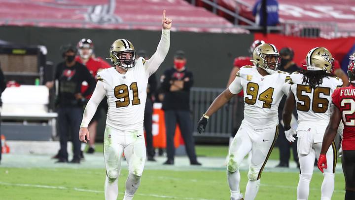 Nov 8, 2020; Tampa, Florida, USA; New Orleans Saints defensive end Trey Hendrickson (91) celebrates as he makes a sack against the Tampa Bay Buccaneers during the second half at Raymond James Stadium. Mandatory Credit: Kim Klement-Imagn Images