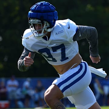 Indianapolis Colts defensive end Laiatu Latu (97) runs during training camp Tuesday, July 30, 2024, at Grand Park Sports Complex in Westfield.