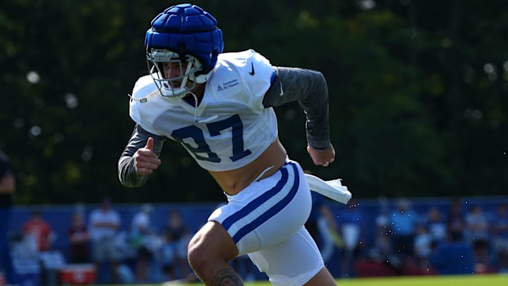 Indianapolis Colts defensive end Laiatu Latu (97) runs during training camp Tuesday, July 30, 2024, at Grand Park Sports Complex in Westfield.