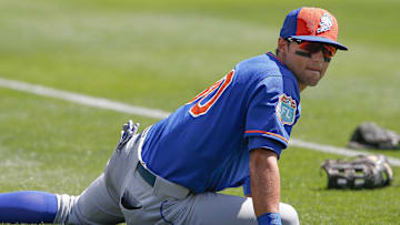Mar 8, 2016; Lake Buena Vista, FL, USA; New York Mets relief pitcher Zach Thornton (80) stretches the first inning of a spring training baseball game against the Atlanta Braves at Champion Stadium. Mandatory Credit: Reinhold Matay-Imagn Images