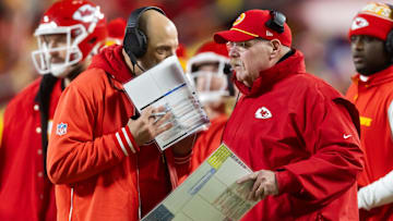 Jan 26, 2025; Kansas City, MO, USA; Kansas City Chiefs offensive coordinator Matt Nagy (left) and head coach Andy Reid against the Buffalo Bills during the AFC Championship game at GEHA Field at Arrowhead Stadium. Mandatory Credit: Mark J. Rebilas-Imagn Images