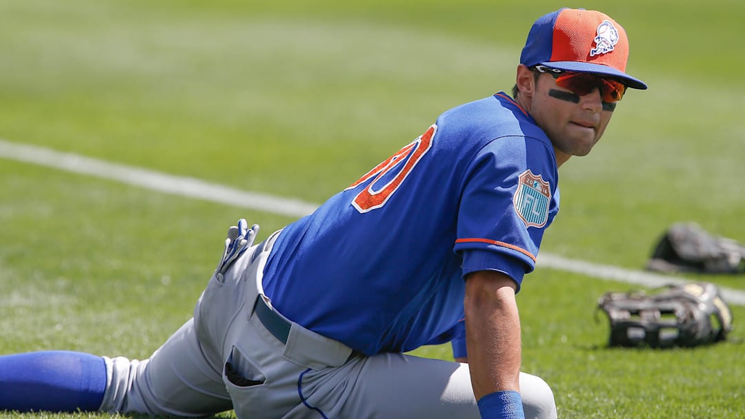 Mar 8, 2016; Lake Buena Vista, FL, USA; New York Mets relief pitcher Zach Thornton (80) stretches the first inning of a spring training baseball game against the Atlanta Braves at Champion Stadium. Mandatory Credit: Reinhold Matay-Imagn Images