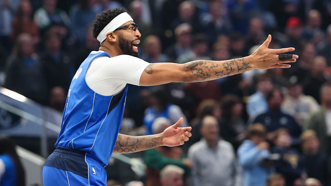 Dec 3, 2025; Dallas, Texas, USA;  Dallas Mavericks forward Anthony Davis (3) reacts before the game against the Miami Heat at American Airlines Center. Mandatory Credit: Kevin Jairaj-Imagn Images