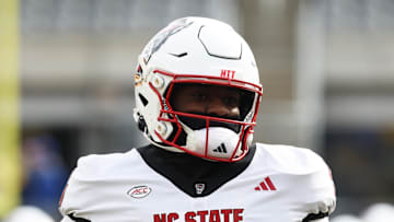 Oct 25, 2025; Pittsburgh, Pennsylvania, USA;  North Carolina State Wolfpack wide receiver Noah Rogers (5) warms up before the game against the Pittsburgh Panthers at Acrisure Stadium. Mandatory Credit: Charles LeClaire-Imagn Images