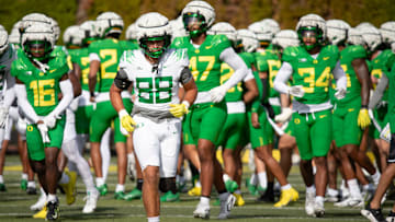 Oregon tight end Patrick Herbert runs during practice with the Oregon Ducks Wednesday Aug. 21, 2024 at the Hatfield-Dowlin Complex in Eugene, Ore.
