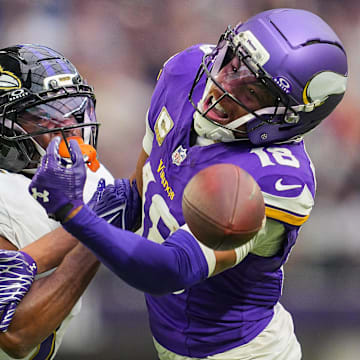 Nov 9, 2025; Minneapolis, Minnesota, USA; Baltimore Ravens cornerback Chidobe Awuzie (3) is called for pass interference against Minnesota Vikings wide receiver Justin Jefferson (18) in the fourth quarter at U.S. Bank Stadium. Mandatory Credit: Brad Rempel-Imagn Images