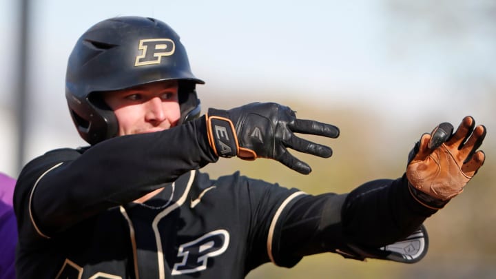 Purdue Boilermakers catcher Luke Gaffney (49) celebrates after getting a triple during the NCAA baseball game against the Evansville Purple Aces, Wednesday, April 24, 2024, at the Alexander Field in West Lafayette, Ind.