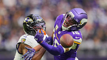 Nov 9, 2025; Minneapolis, Minnesota, USA; Baltimore Ravens cornerback Chidobe Awuzie (3) is called for pass interference against Minnesota Vikings wide receiver Justin Jefferson (18) in the fourth quarter at U.S. Bank Stadium. Mandatory Credit: Brad Rempel-Imagn Images