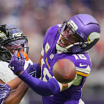 Nov 9, 2025; Minneapolis, Minnesota, USA; Baltimore Ravens cornerback Chidobe Awuzie (3) is called for pass interference against Minnesota Vikings wide receiver Justin Jefferson (18) in the fourth quarter at U.S. Bank Stadium. Mandatory Credit: Brad Rempel-Imagn Images
