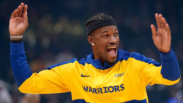 Feb 25, 2025; San Francisco, California, USA; Golden State Warriors forward Jimmy Butler III (10) reacts during warmups before a game against the Charlotte Hornets at the Chase Center. Mandatory Credit: Cary Edmondson-Imagn Images