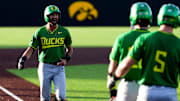 Oregon’s Carter Garate (3) reacts after hitting a grand slam against Iowa during a Big Ten conference baseball game May 15, 2025 at Duane Banks Field in Iowa City, Iowa.
