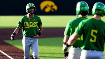 Oregon’s Carter Garate (3) reacts after hitting a grand slam against Iowa during a Big Ten conference baseball game May 15, 2025 at Duane Banks Field in Iowa City, Iowa.