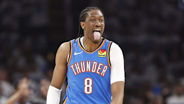 Apr 24, 2024; Oklahoma City, Oklahoma, USA; Oklahoma City Thunder forward Jalen Williams (8) gestures after a play against the New Orleans Pelicans during the second quarter of game two of the first round for the 2024 NBA playoffs at Paycom Center. Mandatory Credit: Alonzo Adams-Imagn Images