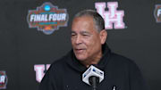 Houston head coach Kelvin Sampson talks to the media at the Alamodome. 