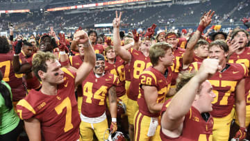 Miller Moss and the USC Trojans celebrate their win over LSU on Sunday