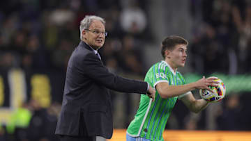 Nov 23, 2024; Los Angeles, California, USA; Seattle Sounders FC head coach Brian Schmetzer reacts in the first half against LAFC in a 2024 MLS Cup western conference semifinal match at BMO Stadium. Mandatory Credit: Ryan Sun-Imagn Images