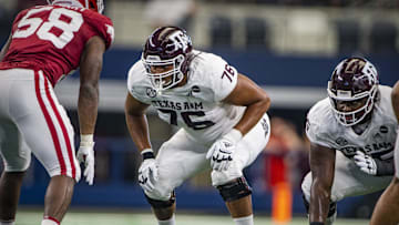 Sep 25, 2021; Arlington, Texas, USA; Texas A&M Aggies offensive lineman Reuben Fatheree II (76) in action during the game between the Arkansas Razorbacks and the Texas A&M Aggies at AT&T Stadium. Mandatory Credit: Jerome Miron-Imagn Images