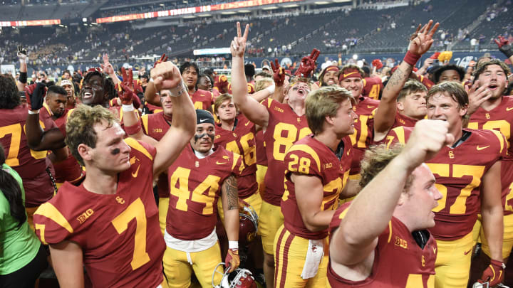 Miller Moss and the USC Trojans celebrate their win over LSU on Sunday