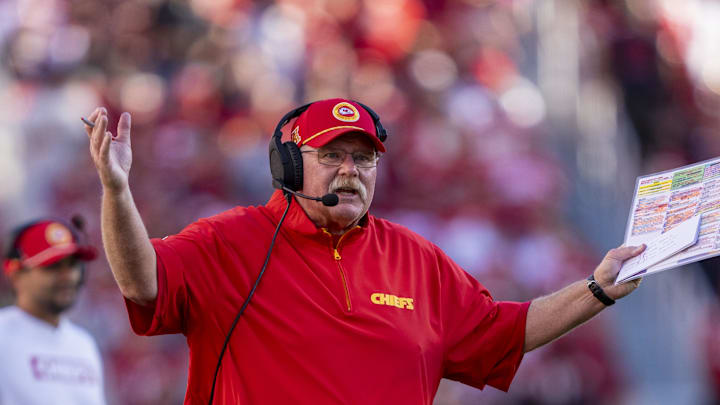 October 20, 2024; Santa Clara, California, USA; Kansas City Chiefs head coach Andy Reid argues with the referee during the fourth quarter against the San Francisco 49ers at Levi's Stadium. Mandatory Credit: Kyle Terada-Imagn Images