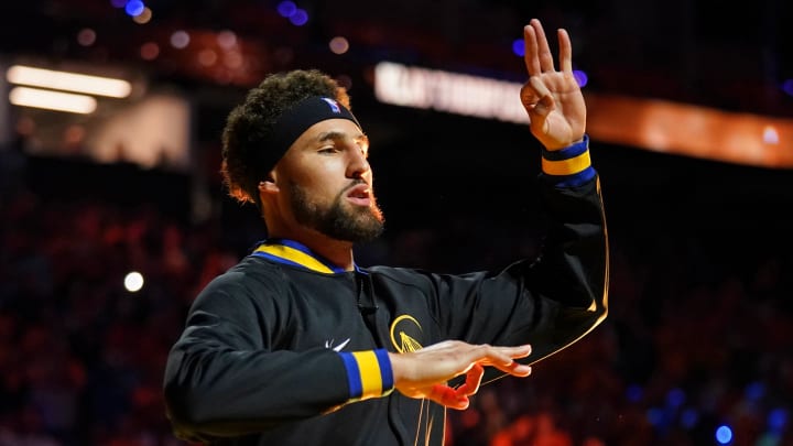May 26, 2022; San Francisco, California, USA; Golden State Warriors guard Klay Thompson (11) before game five of the 2022 western conference finals against the Dallas Mavericks at Chase Center. Mandatory Credit: Cary Edmondson-USA TODAY Sports