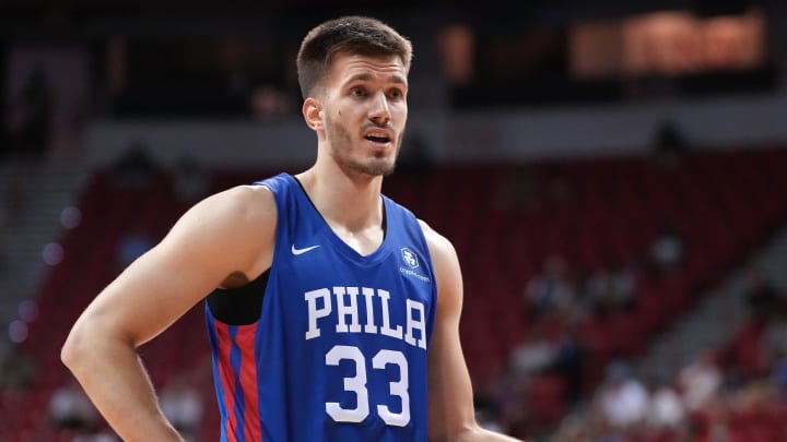 Jul 10, 2022; Las Vegas, NV, USA; Philadelphia 76ers forward Filip Petrusev (33) reacts during an NBA Summer League game against the Brooklyn Nets at T&M. Mandatory Credit: Stephen R. Sylvanie-USA TODAY Sports