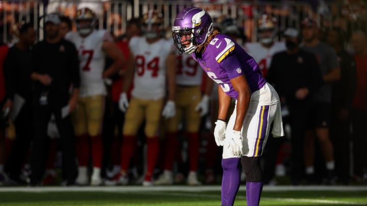 Aug 20, 2022; Minneapolis, Minnesota, USA; Minnesota Vikings safety Lewis Cine (6) lines up during the second quarter against the San Francisco 49ers at U.S. Bank Stadium. Mandatory Credit: Matt Krohn-USA TODAY Sports