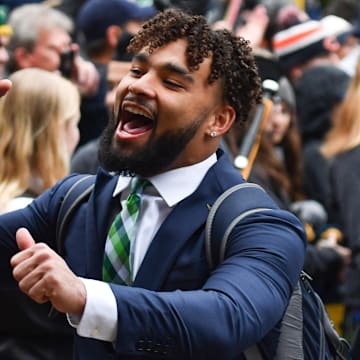 Oct 30, 2021; South Bend, Indiana, USA; Notre Dame Fighting Irish running back Kyren Williams enters Notre Dame Stadium for the game against the North Carolina Tar Heels.