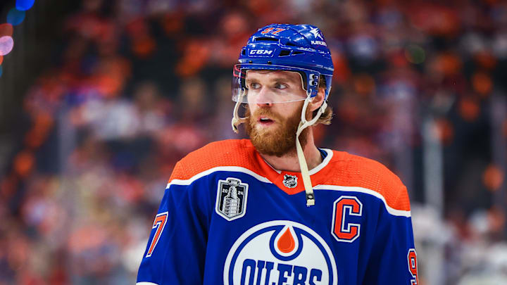 Jun 21, 2024; Edmonton, Alberta, CAN; Edmonton Oilers center Connor McDavid (97) during the warmup period against the Florida Panthers in game six of the 2024 Stanley Cup Final at Rogers Place. Mandatory Credit: Sergei Belski-USA TODAY Sports