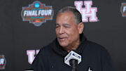 Houston head coach Kelvin Sampson talks to the media at the Alamodome. 