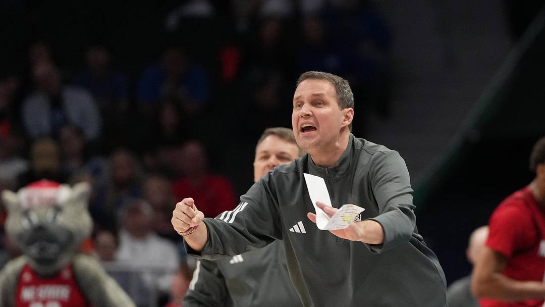 Mar 12, 2026; Charlotte, NC, USA; NC State Wolfpack head coach Will Wade reacts in the first half at Spectrum Center. Mandatory Credit: Bob Donnan-Imagn Images