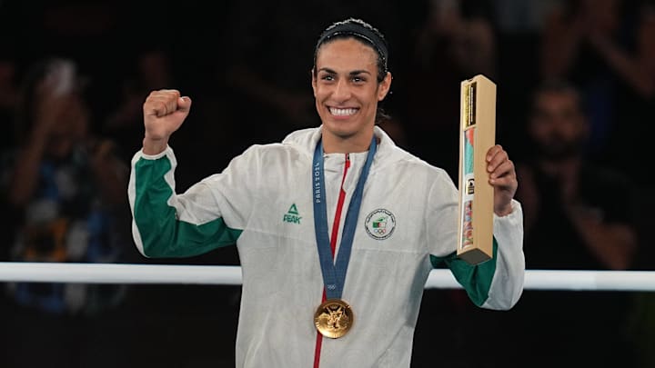 Imane Khelif (Algeria) celebrates gold on August 9, 2024. Imane Khelif (Algeria) celebrates gold on August 9, 2024.