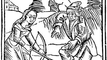 Witch shooting a man in the foot with an enchanted arrow made from a hazel wand, 1489.