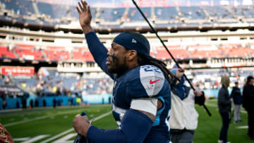 Tennessee Titans running back Derrick Henry (22) waves to fans as he exits the field after defeating Jacksonville Jaguars 28-20 at Nissan Stadium in Nashville, Tenn., Sunday, Jan. 7, 2024.