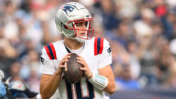 Nov 3, 2024; Nashville, Tennessee, USA;  New England Patriots quarterback Drake Maye (10) stands in the pocket against the Tennessee Titans during the second half at Nissan Stadium. Mandatory Credit: Steve Roberts-Imagn Images