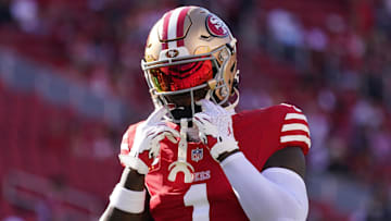 Sep 9, 2024; Santa Clara, California, USA;  San Francisco 49ers wide receiver Deebo Samuel (1) warms up before a game against the New York Jets at Levi's Stadium. Mandatory Credit: David Gonzales-Imagn Images