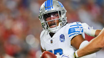 Sep 7, 2023; Kansas City, Missouri, USA; Detroit Lions cornerback Khalil Dorsey (30) celebrates with linebacker Jack Campbell (46) after a play during the second half against the Kansas City Chiefs at GEHA Field at Arrowhead Stadium. Mandatory Credit: Jay Biggerstaff-Imagn Images