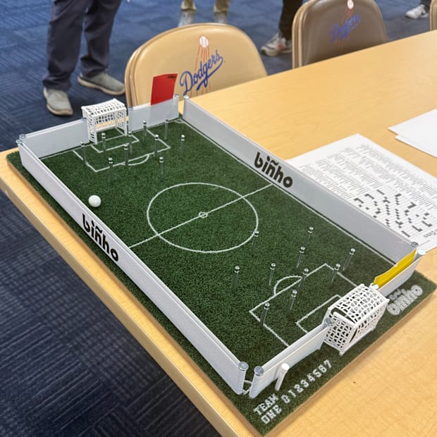 Biñho finger soccer board game in Dodgers’ 2025 spring training clubhouse