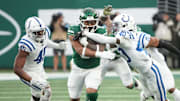Nov 17, 2024; East Rutherford, New Jersey, USA; New York Jets running back Braelon Allen (0) runs with the ball in the second half against the Indianapolis Colts at MetLife Stadium.
