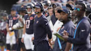 Sep 21, 2025; Chicago, Illinois, USA; Chicago Bears head coach Ben Johnson on the sidelines during the first half against the Dallas Cowboys at Soldier Field. Mandatory Credit: David Banks-Imagn Images