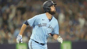 Sep 28, 2023; Toronto, Ontario, CAN; Toronto Blue Jays designated hitter Brandon Belt (13) runs to first base on his three run home run against the New York Yankees during the sixth inning at Rogers Centre. Mandatory Credit: John E. Sokolowski-USA TODAY Sports