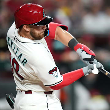 Arizona Diamondbacks Tyler Locklear (28) hits a home run against the San Diego Padres at Chase Field on Aug. 4, 2025.