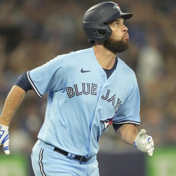 Sep 28, 2023; Toronto, Ontario, CAN; Toronto Blue Jays designated hitter Brandon Belt (13) runs to first base on his three run home run against the New York Yankees during the sixth inning at Rogers Centre. Mandatory Credit: John E. Sokolowski-USA TODAY Sports