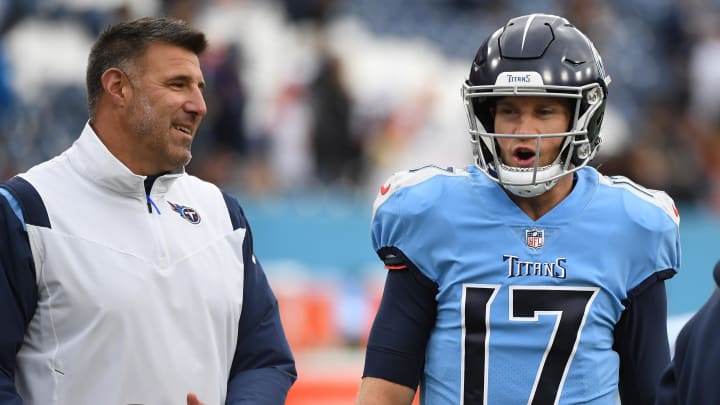 Nov 27, 2022; Nashville, Tennessee, USA; Tennessee Titans head coach Mike Vrabel (left) and quarterback Ryan Tannehill (17) talk before the game against the Cincinnati Bengals at Nissan Stadium. Mandatory Credit: Christopher Hanewinckel-USA TODAY Sports