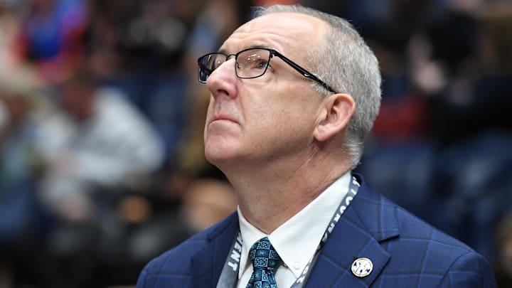 Mar 17, 2024; Nashville, TN, USA;  SEC commissioner Greg Sankey looks on before the SEC Tournament championship game between the Florida Gators and the Auburn Tigers at Bridgestone Arena. Mandatory Credit: Christopher Hanewinckel-Imagn Images