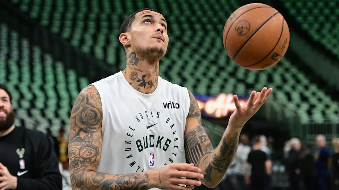 Apr 27, 2025; Milwaukee, Wisconsin, USA; Milwaukee Bucks forward Kyle Kuzma (18) warms up before game four of first round for the 2024 NBA Playoffs against the Indiana Pacers at Fiserv Forum. Mandatory Credit: Benny Sieu-Imagn Images